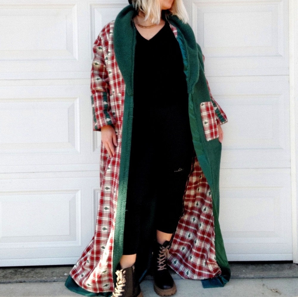 Handmade Vintage BLANKET Jacket Plaid and Green Shawl Collar Coat Christmas